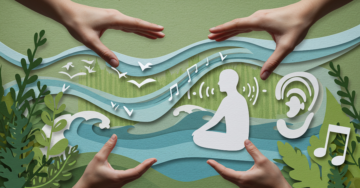 Illustrazione di una persona che ascolta musica in un ambiente naturale, simbolo di benessere e consapevolezza sonora.